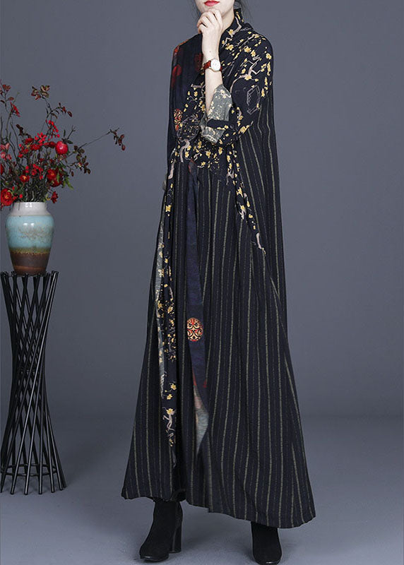 Unique Navy Print Patchwork Tie Waist Fall Long Sleeve Vacation Dresses