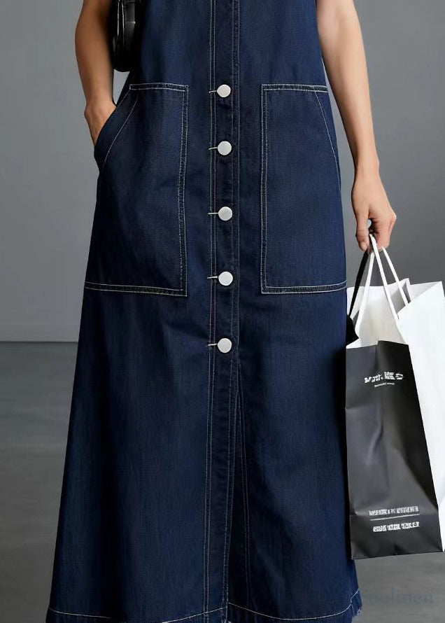 Unique Navy V Neck Side Big Pockets Denim Straight Dresses Sleeveless