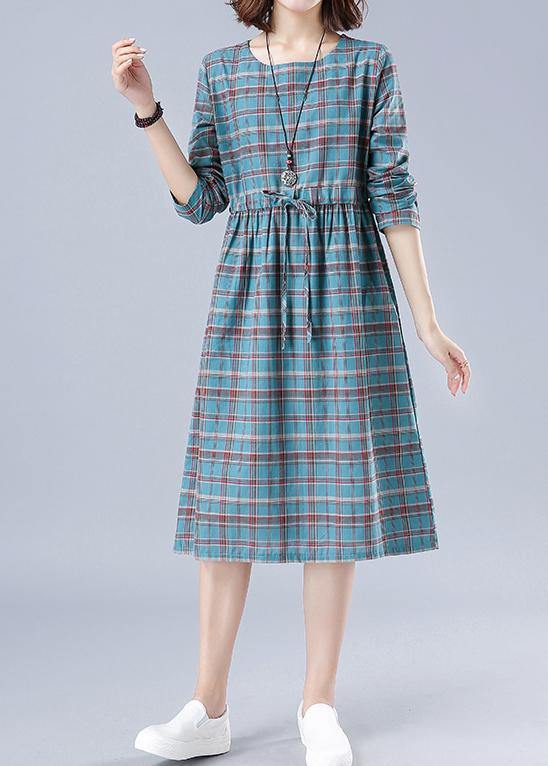 Unique O Neck Drawstring Spring Dress Runway Blue Plaid Dresses