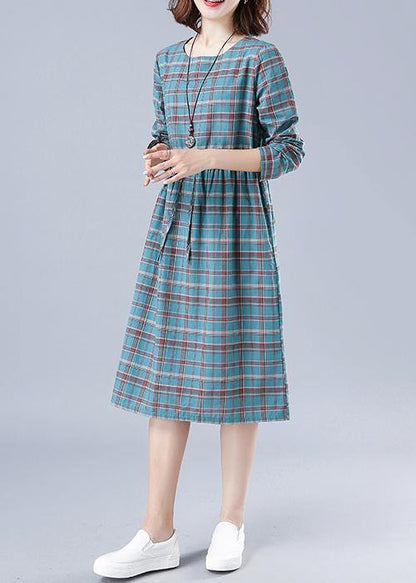 Unique O Neck Drawstring Spring Dress Runway Blue Plaid Dresses