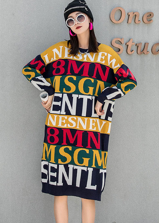 Unique O-neck Loose Graphic Fall Knit Dress Long Sleeve