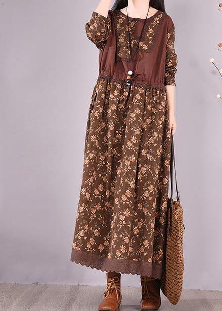 Unique O Neck Patchwork Spring Quilting Clothes Sewing Chocolate Print Loose Dress