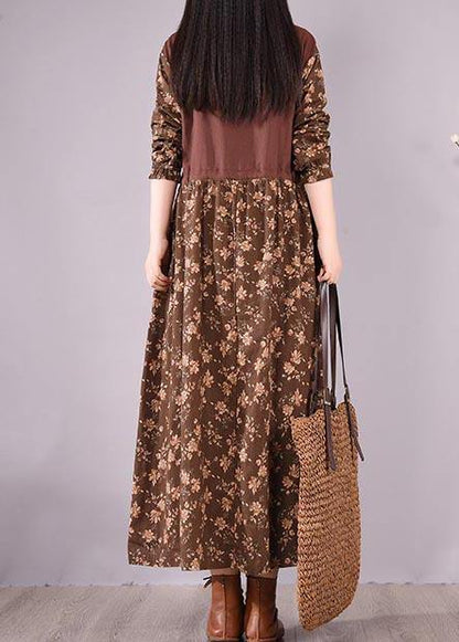 Unique O Neck Patchwork Spring Quilting Clothes Sewing Chocolate Print Loose Dress