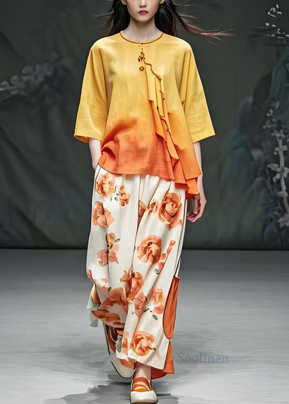 Unique O Neck Print Tops and Pants Cotton Two Pieces Set Summer