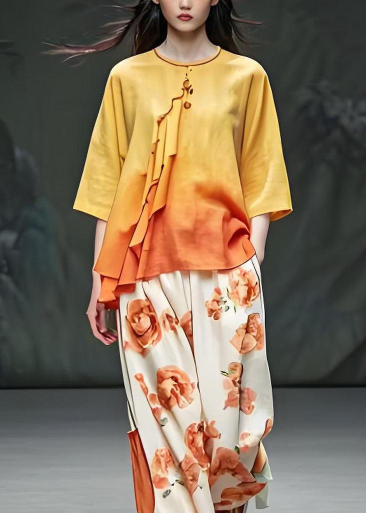 Unique O Neck Print Tops and Pants Cotton Two Pieces Set Summer