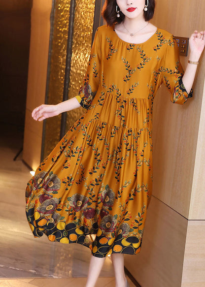 Unique O-neck Print Wrinkled Silk Dresses Long Sleeve