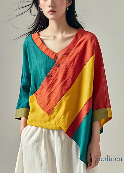Unique Orange Asymmetrical Patchwork Linen Shirt Fall