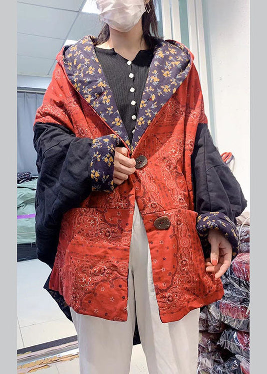Unique Orange Loose Bat Wing Sleeve Patchwork Winter Cotton Coat