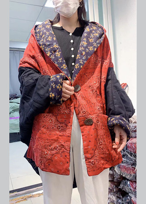 Unique Orange Loose Bat Wing Sleeve Patchwork Winter Cotton Coat
