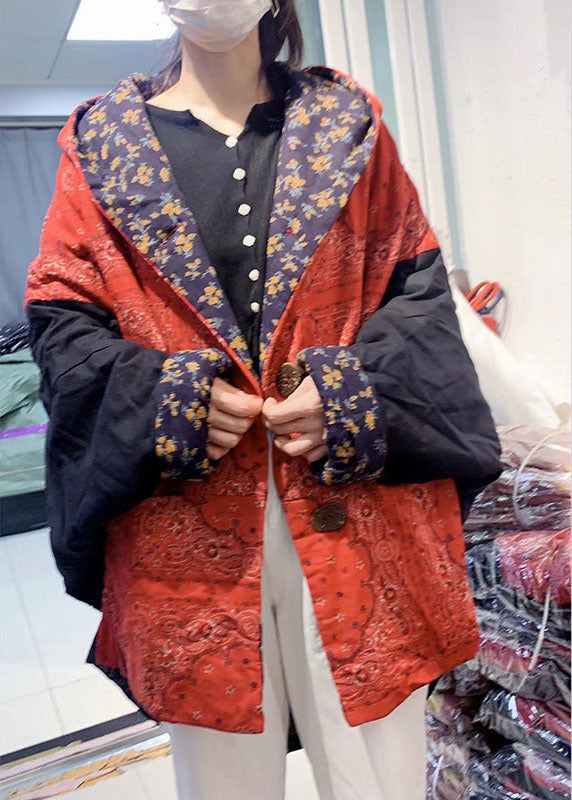 Unique Orange Loose Bat Wing Sleeve Patchwork Winter Cotton Coat