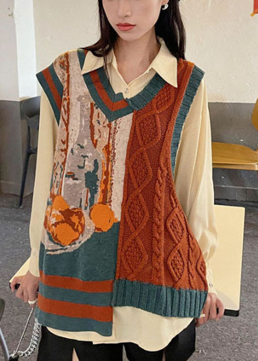 Unique Orange Patchwork Asymmetrical Design Print Fall Knit Vest