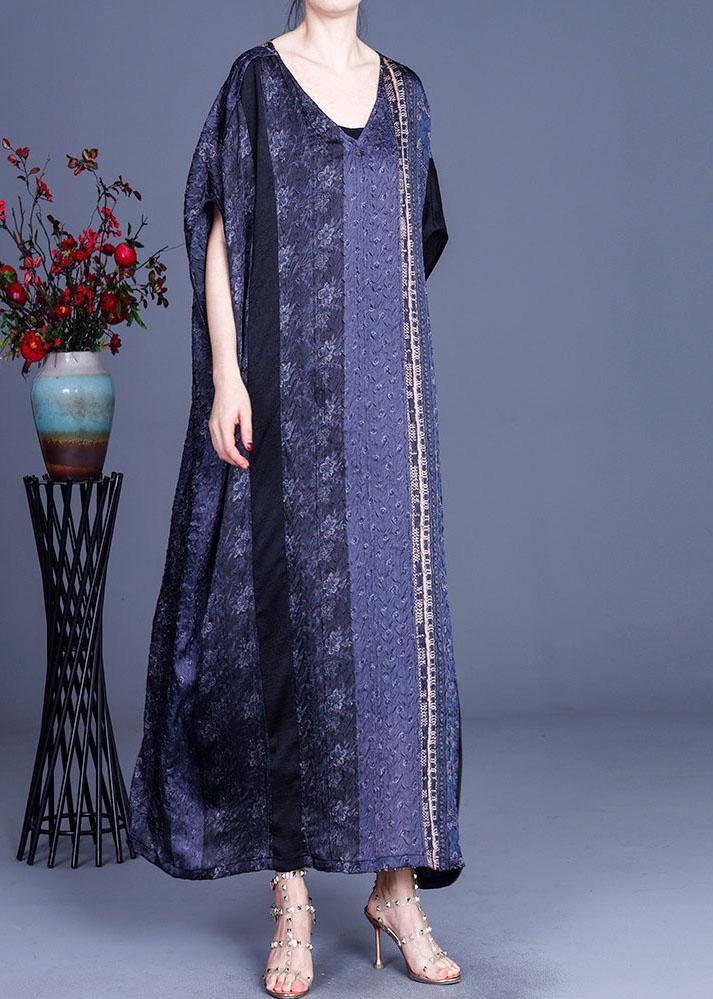 Unique Orange Print Patchwork Summer Silk Maxi Dresses Batwing Sleeve