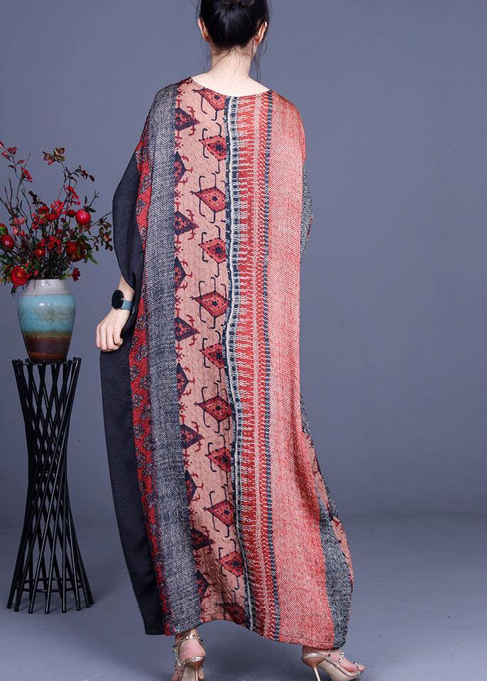 Unique Orange Print Patchwork Summer Silk Maxi Dresses Batwing Sleeve