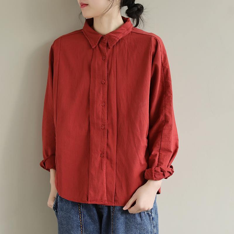 Unique Orange Red Tunic Top Lapel Button Down Spring Blouse