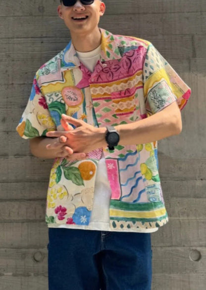 Unique Peter Pan Collar Button Print Cotton Shirts Summer