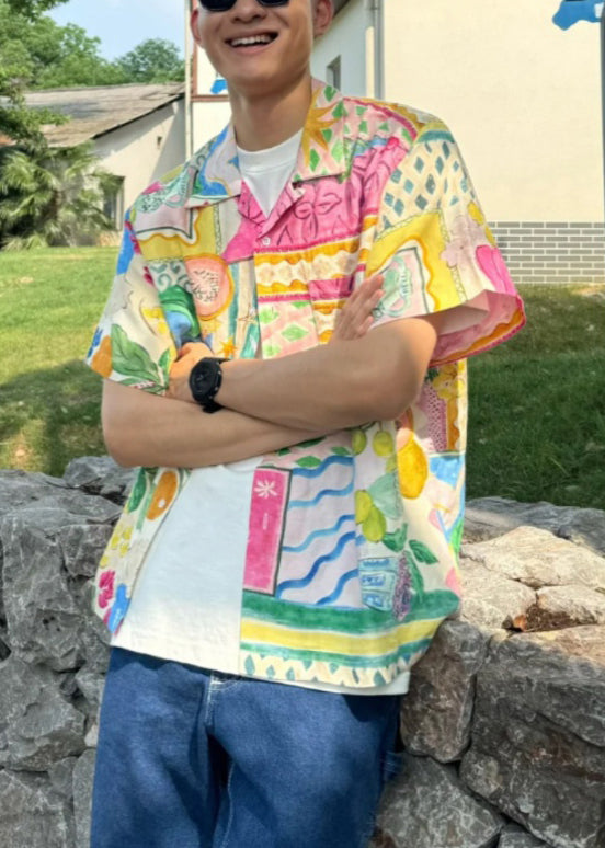 Unique Peter Pan Collar Button Print Cotton Shirts Summer