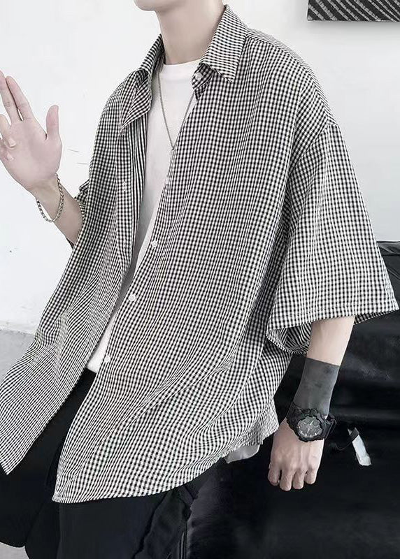 Unique Peter Pan Collar Plaid Button Cotton Shirts Summer