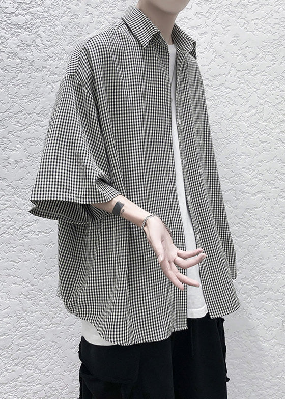 Unique Peter Pan Collar Plaid Button Cotton Shirts Summer