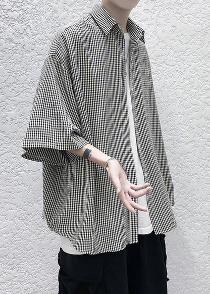 Unique Peter Pan Collar Plaid Button Cotton Shirts Summer