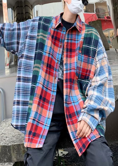 Unique Peter Pan Collar Plaid Patchwork Cotton Men Shirts Spring