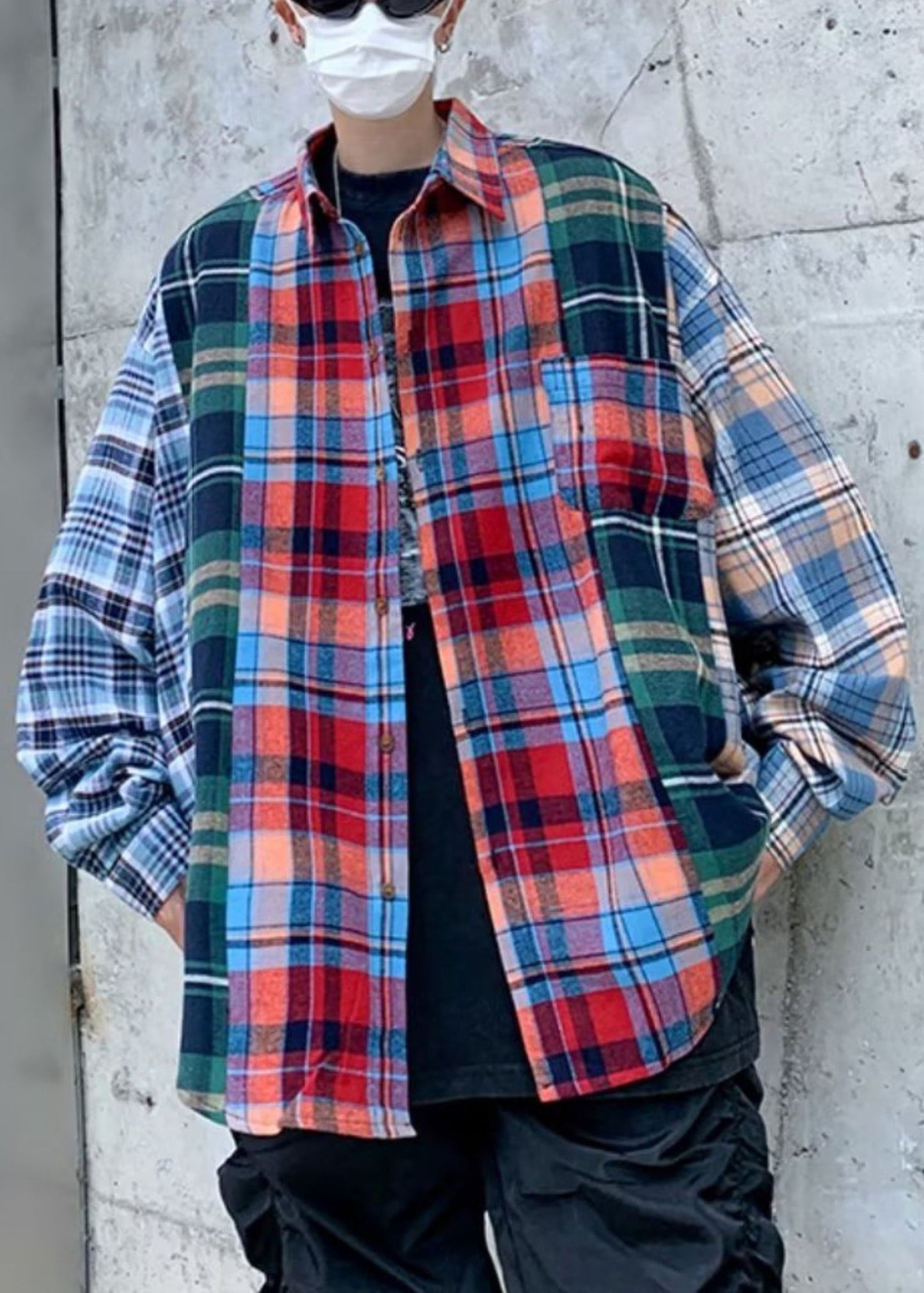 Unique Peter Pan Collar Plaid Patchwork Cotton Men Shirts Spring
