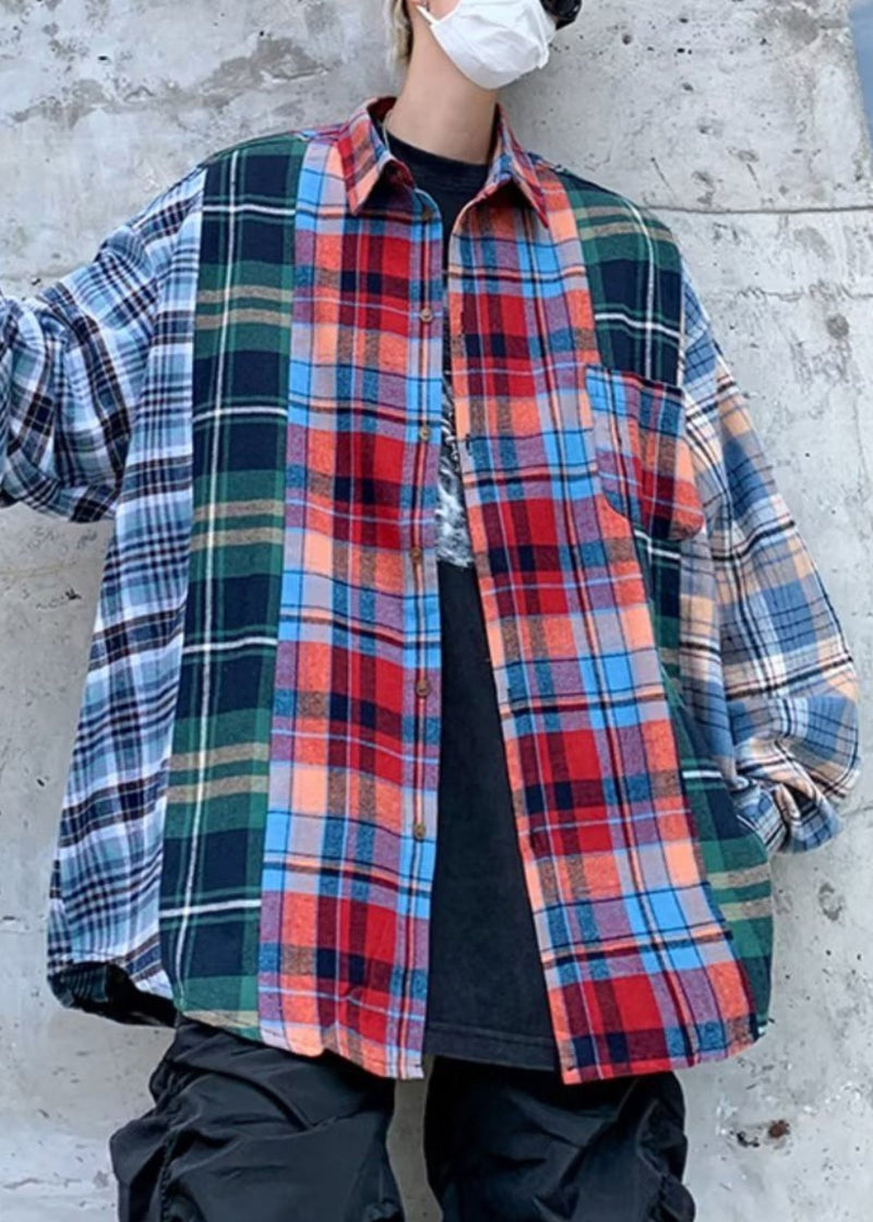 Unique Peter Pan Collar Plaid Patchwork Cotton Shirts Spring