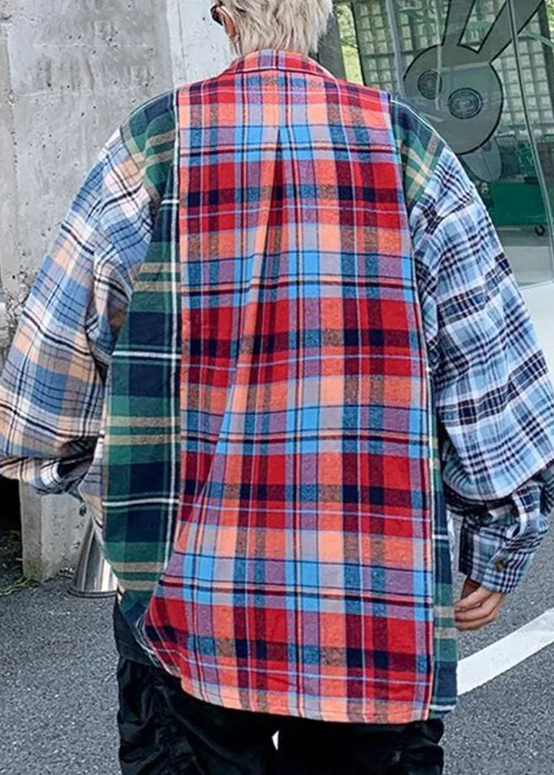 Unique Peter Pan Collar Plaid Patchwork Cotton Shirts Spring