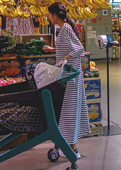 Unique Photo Color O-neck Striped Cotton Long Dresses Half Sleeve