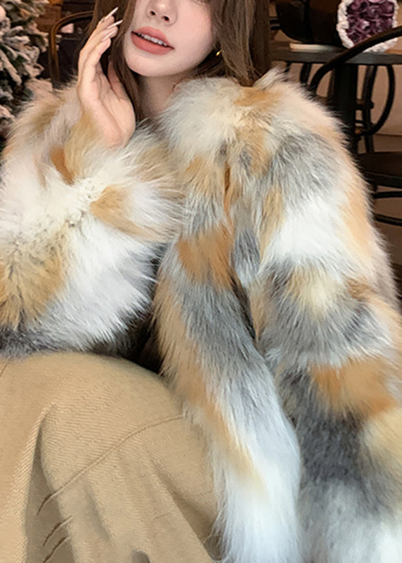 Unique Photo Color V Neck Print Leather and Fur Coats Spring