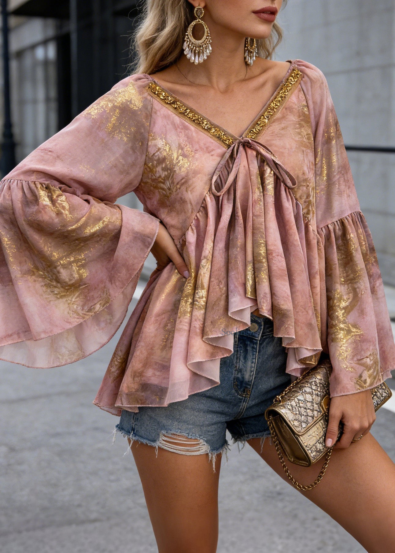 Unique Pink Asymmetrical Sequins Print Chiffon Shirt Spring