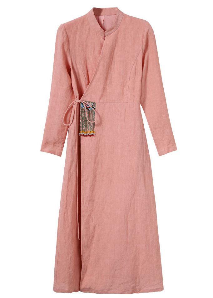 Unique Pink Embroideried Tie Waist Summer Linen Summer Dresses