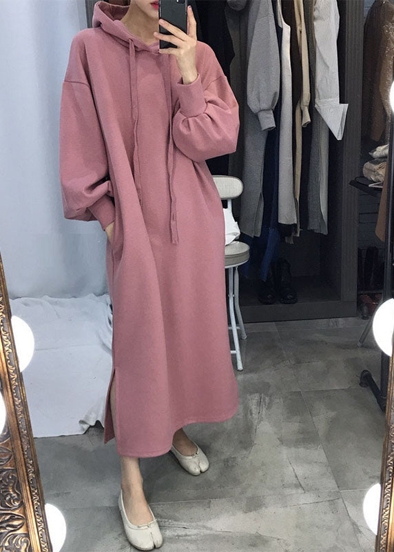 Unique Pink Hooded Side Open Warm Fleece Sweatshirts Dress Winter