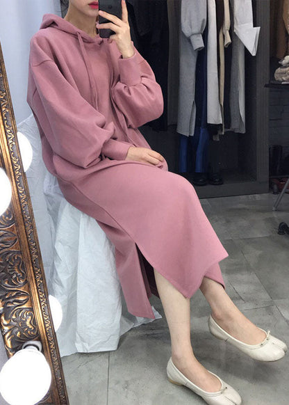 Unique Pink Hooded Side Open Warm Fleece Sweatshirts Dress Winter