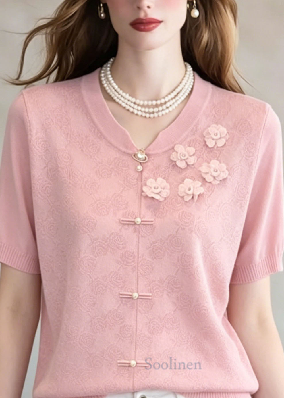 Unique Pink Jacquard Thin Knit Top Summer