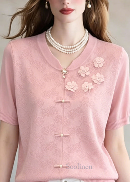 Unique Pink Jacquard Thin Knit Top Summer