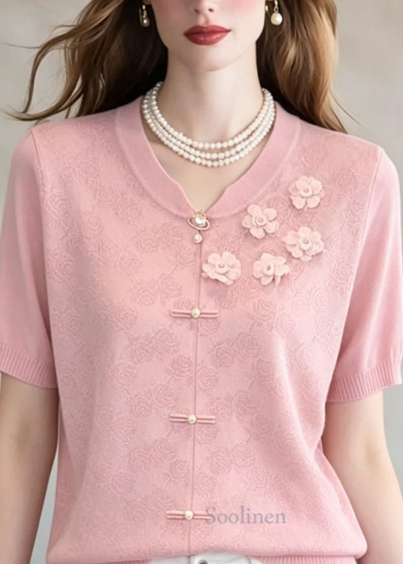 Unique Pink Jacquard Thin Knit Top Summer