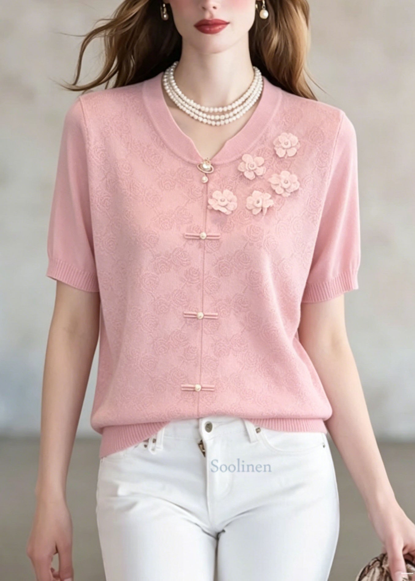 Unique Pink Jacquard Thin Knit Top Summer
