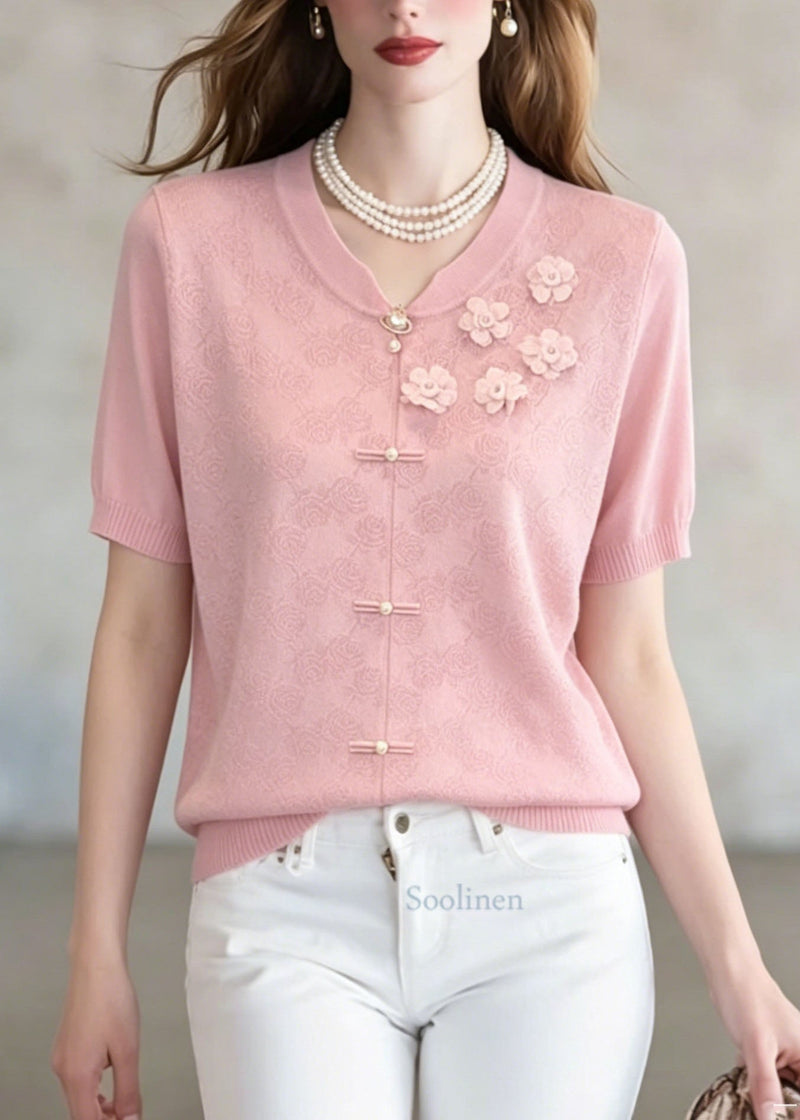 Unique Pink Jacquard Thin Knit Top Summer