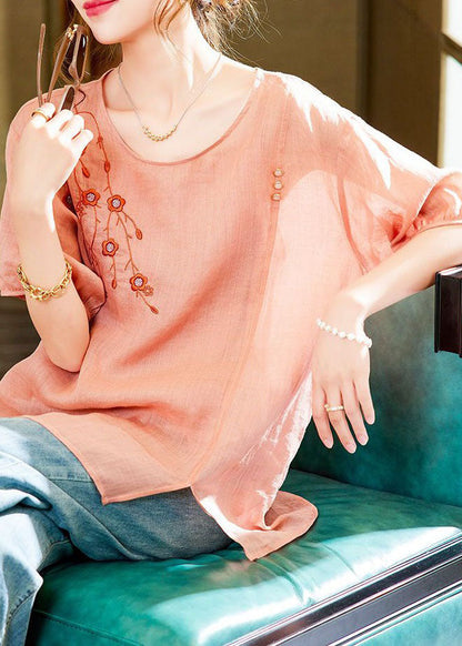 Unique Pink O-neck Embroideried Patchwork Linen Blouses Summer