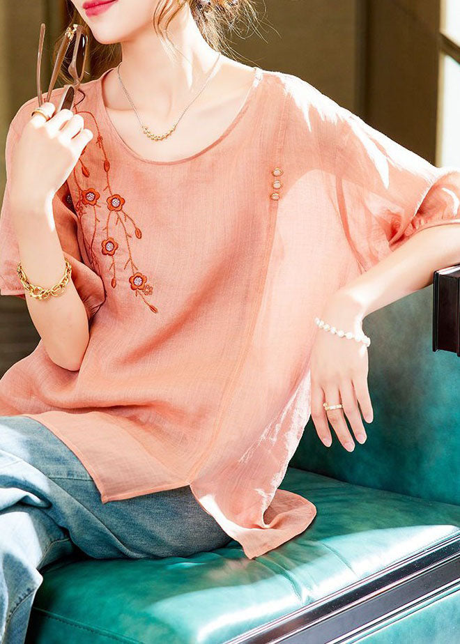 Unique Pink O-neck Embroideried Patchwork Linen Blouses Summer