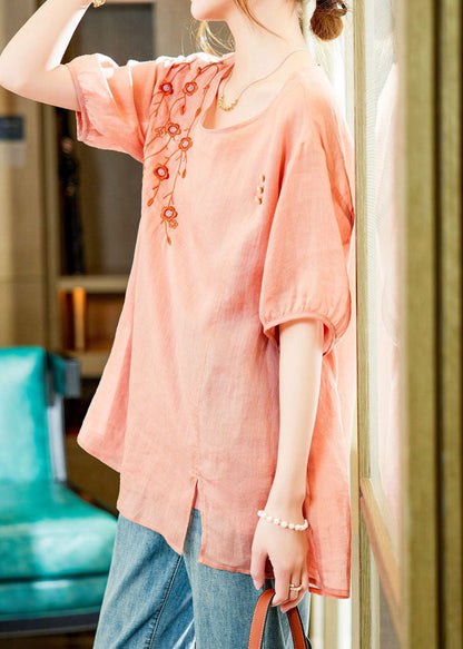 Unique Pink O-neck Embroideried Patchwork Linen Blouses Summer