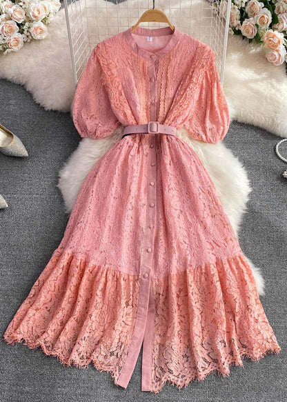 Unique Pink O-neck Sashes Button a Line Maxi Dress Short Sleeve