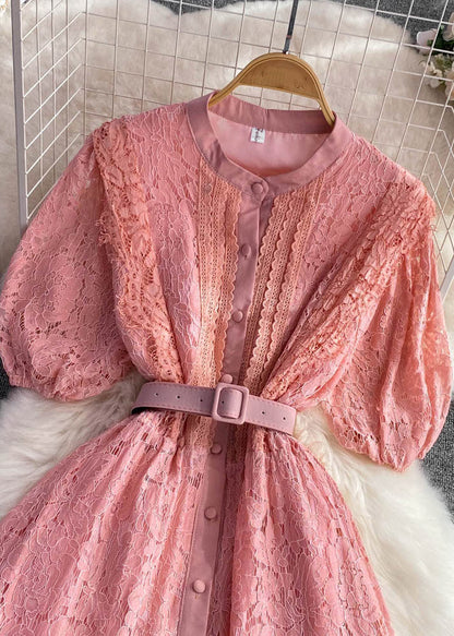 Unique Pink O-neck Sashes Button a Line Maxi Dress Short Sleeve