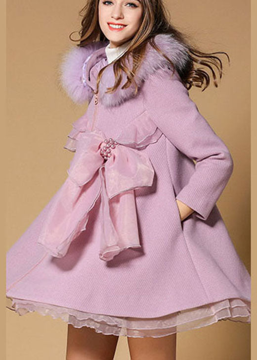 Unique Pink Pockets Slim Fit Fur Collar Fall Woolen Coat