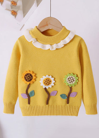 Unique Pink Ruffled the Sunflowers Thick Cotton Knit Kids Sweaters Fall