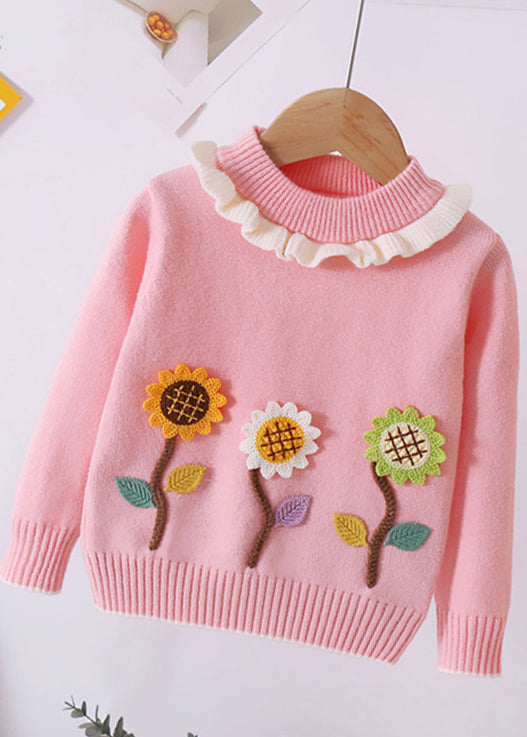 Unique Pink Ruffled the Sunflowers Thick Cotton Knit Kids Sweaters Fall