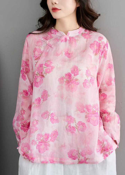 Unique Pink Stand Collar Print Linen Shirt Tops Spring