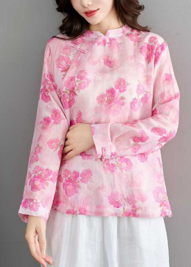 Unique Pink Stand Collar Print Linen Shirt Tops Spring