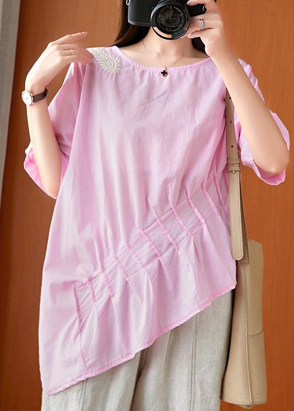 Unique Pink Asymmetrical Design Linen Summer Top