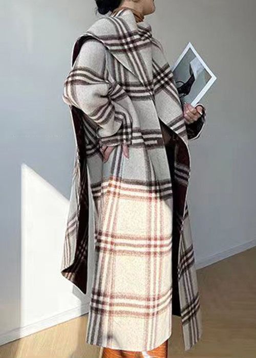 Unique Plaid Tie Waist Patchwork Wear on Both Sides Woolen Coats Fall